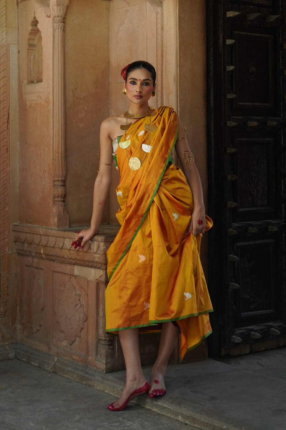 Handwoven Katan Silk Saree in Mustard Yellow with Green Border