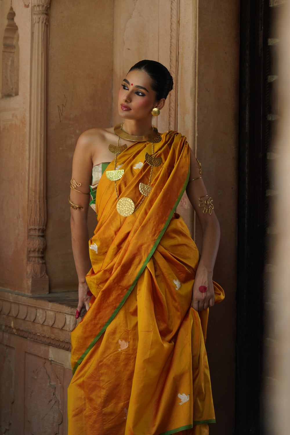 Handwoven Katan Silk Saree in Mustard Yellow with Green Border