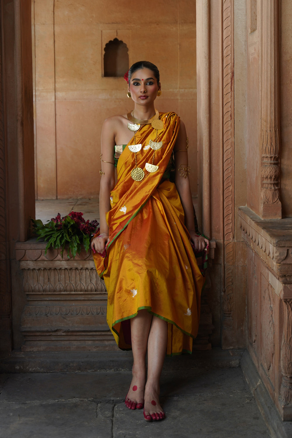 Handwoven Katan Silk Saree in Mustard Yellow with Green Border