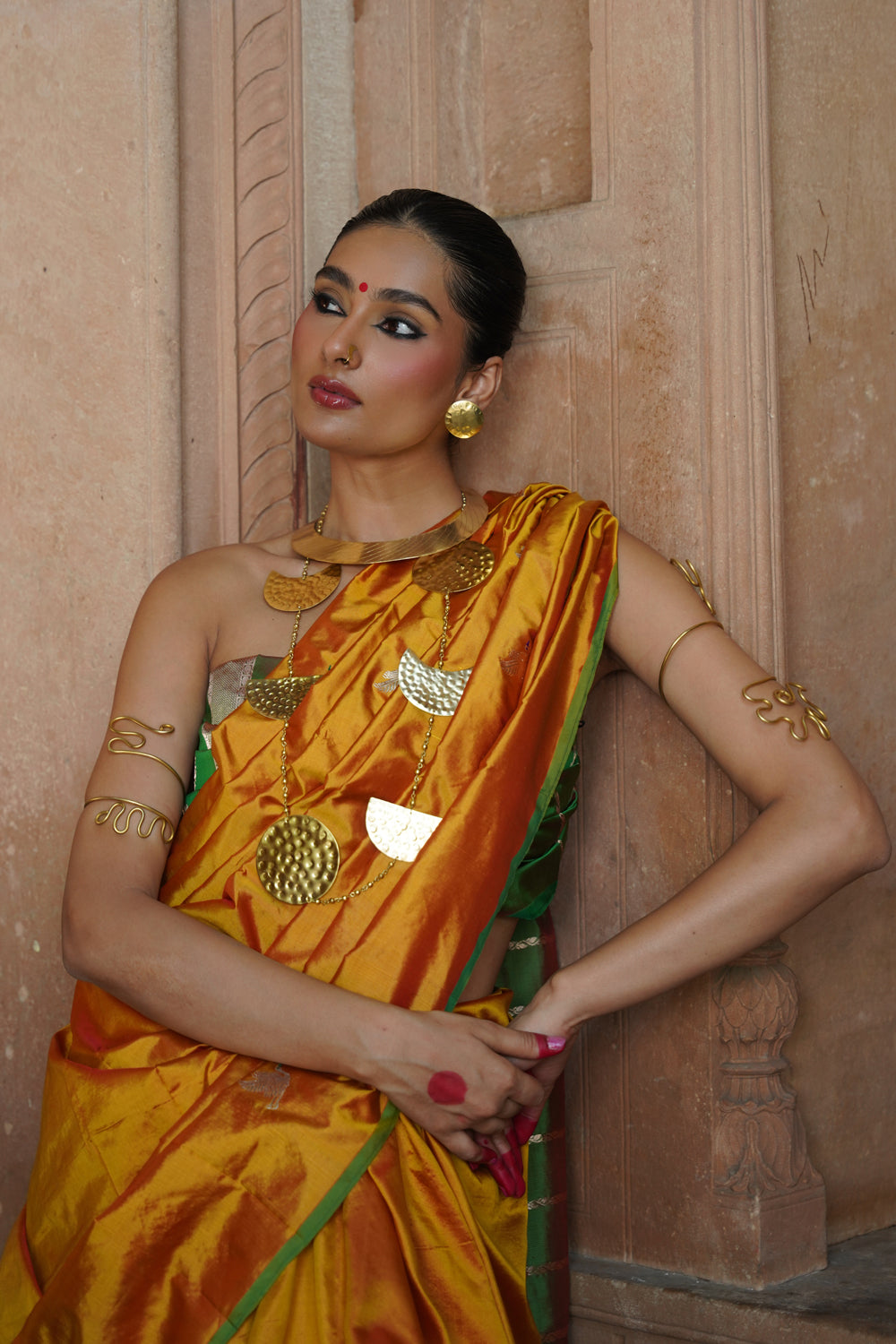 Handwoven Katan Silk Saree in Mustard Yellow with Green Border