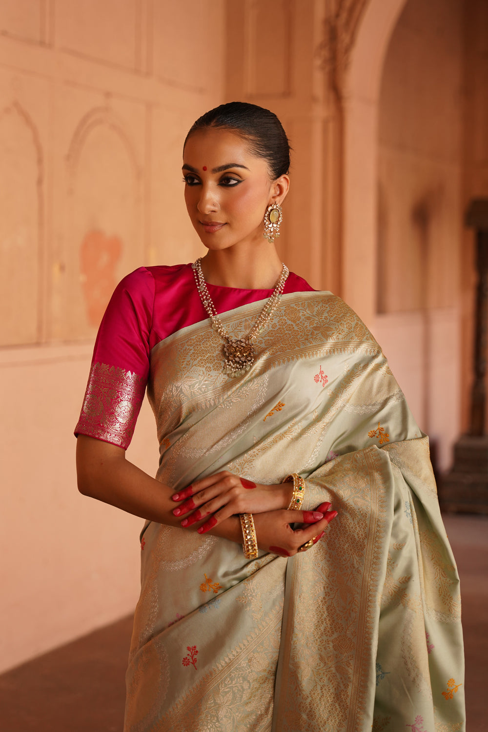 Handwoven Katan Silk Saree in Pastel Mint with Sona-Rupa Meenakari