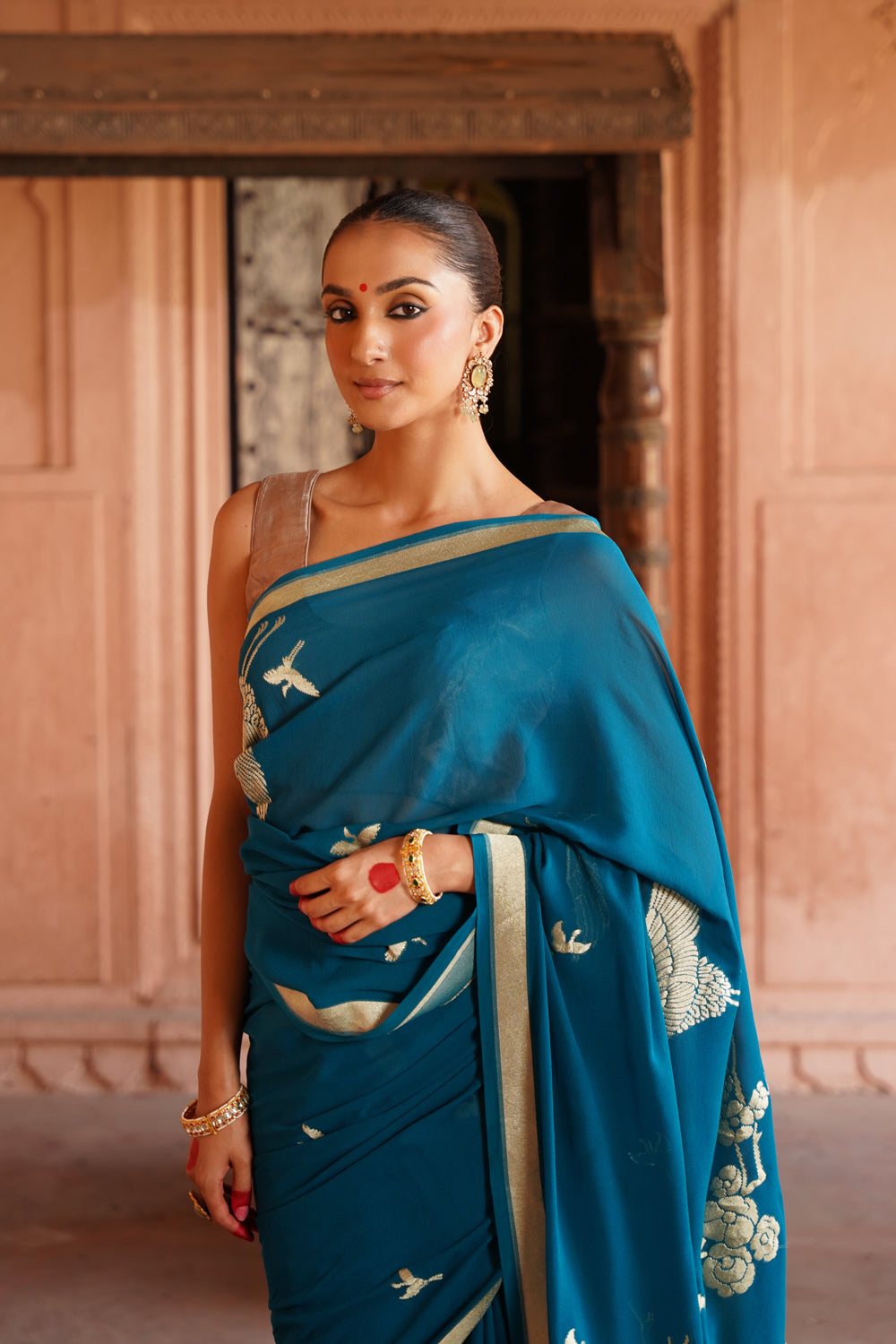 Handwoven Banarasi Chiffon Saree in Prussian Blue