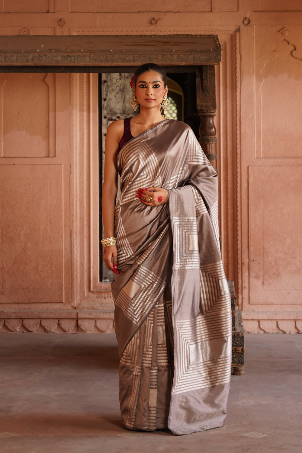 Handwoven Katan Silk Saree in Earthy Taupe & Silver