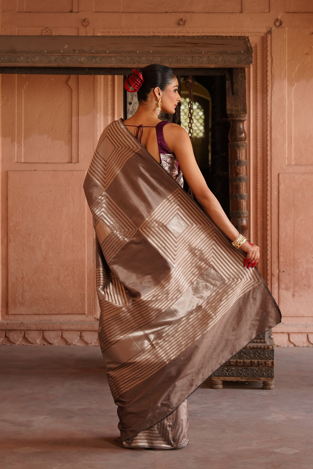 Handwoven Katan Silk Saree in Earthy Taupe & Silver