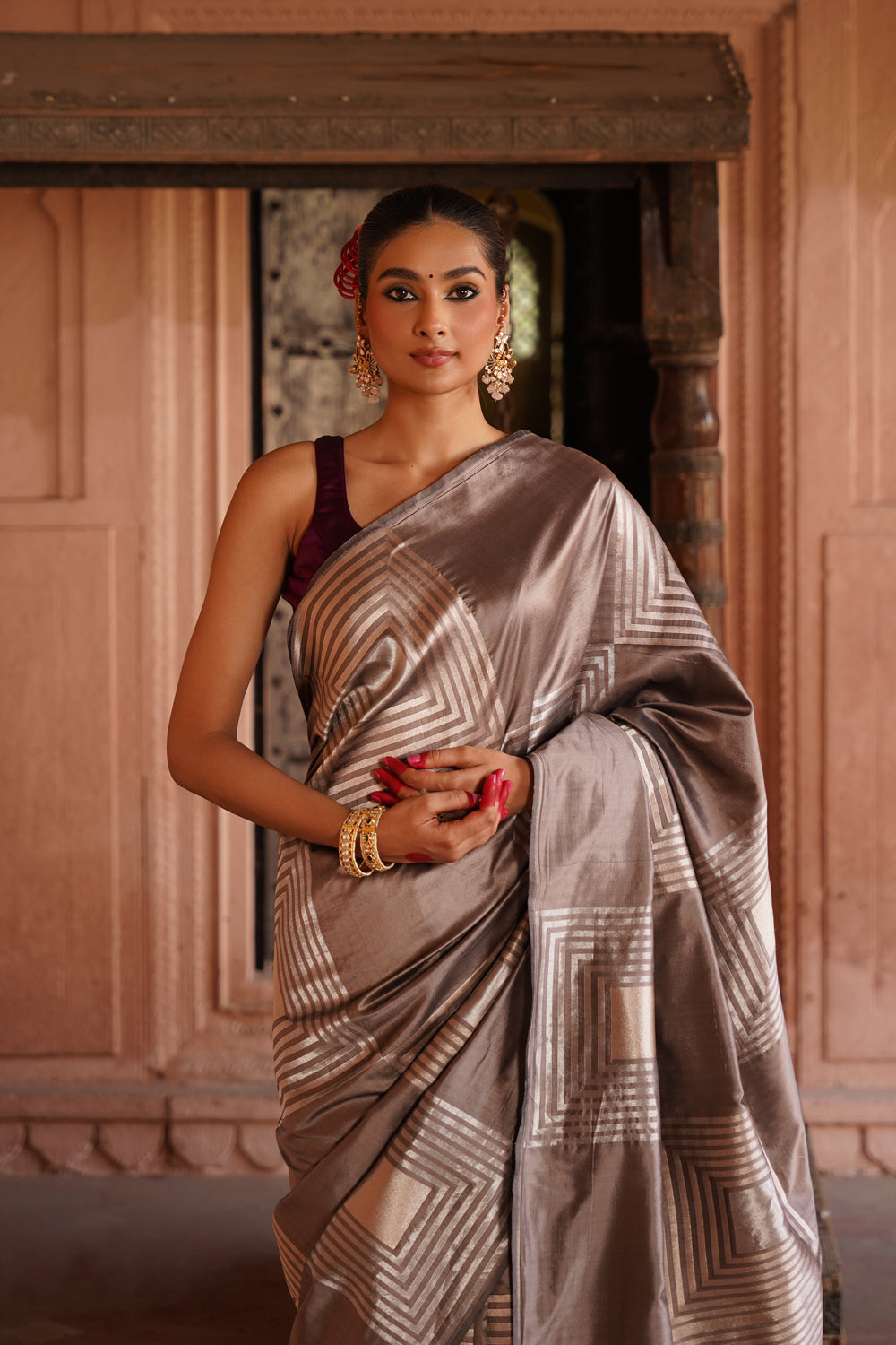 Handwoven Katan Silk Saree in Earthy Taupe & Silver