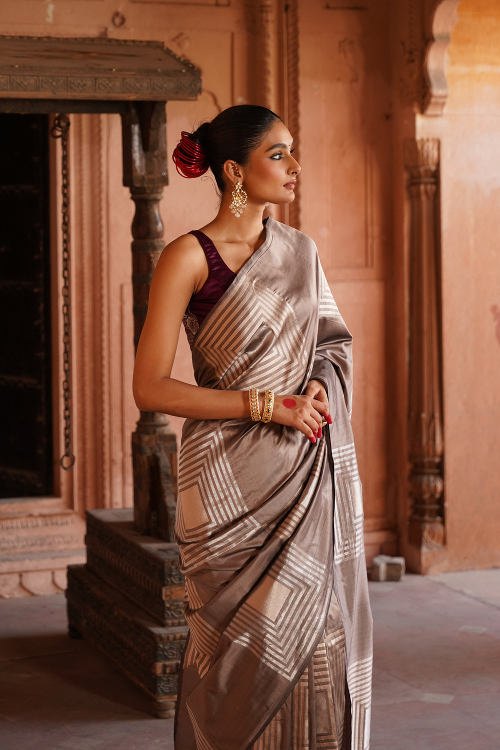 Handwoven Katan Silk Saree in Earthy Taupe & Silver