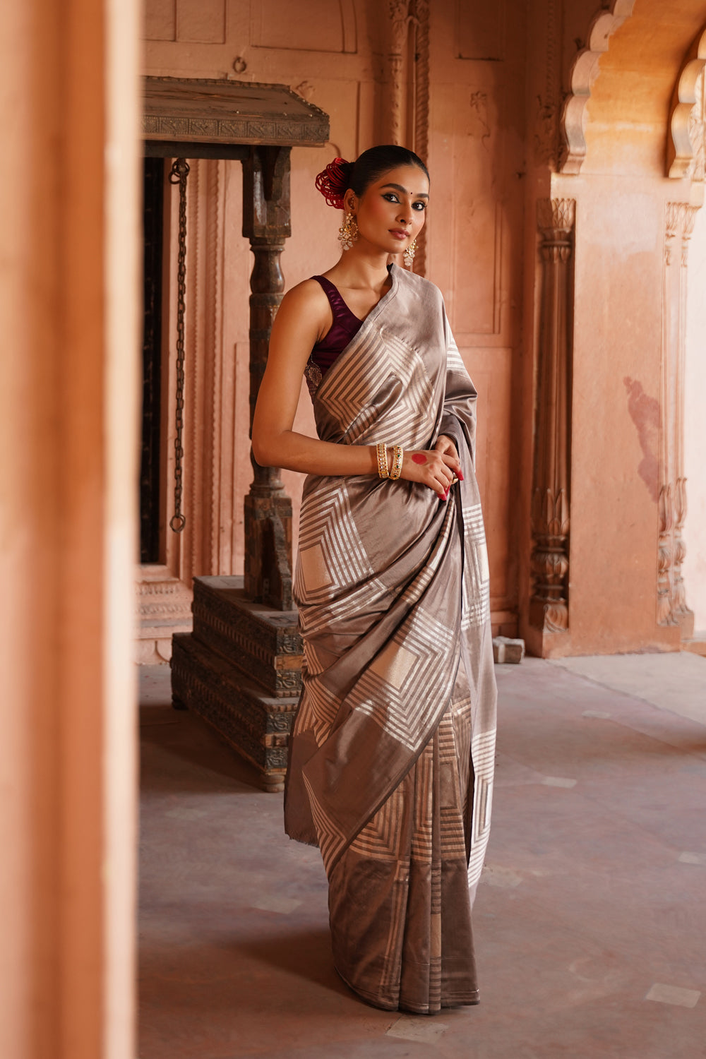 Handwoven Katan Silk Saree in Earthy Taupe & Silver