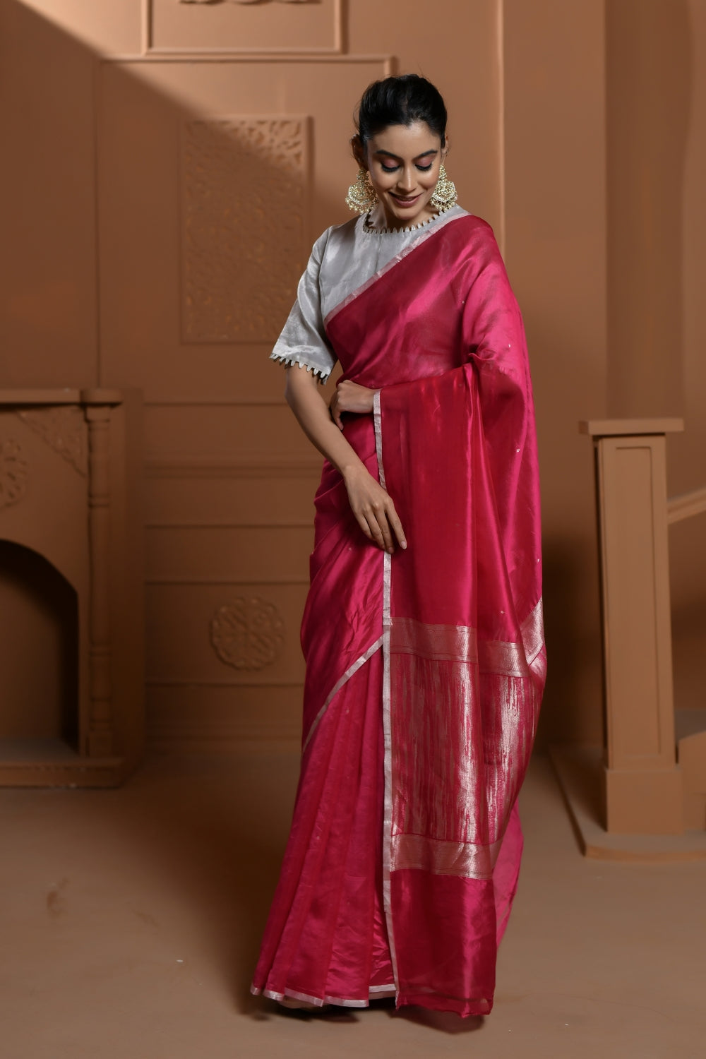Pure Katan Organza Saree in Vivid Pink