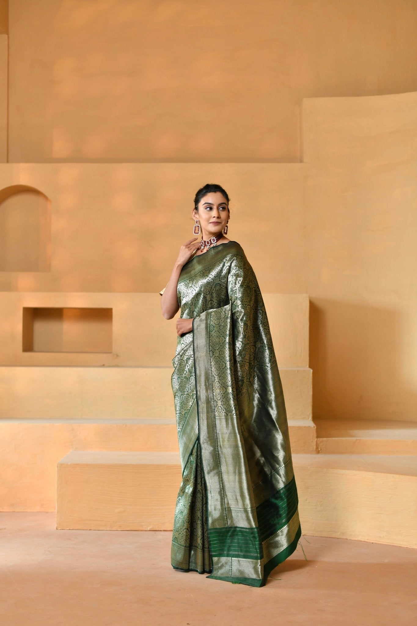 Deep Bottle Green Tissue Silk with Intricate Brocade Jaal - Banarasiya