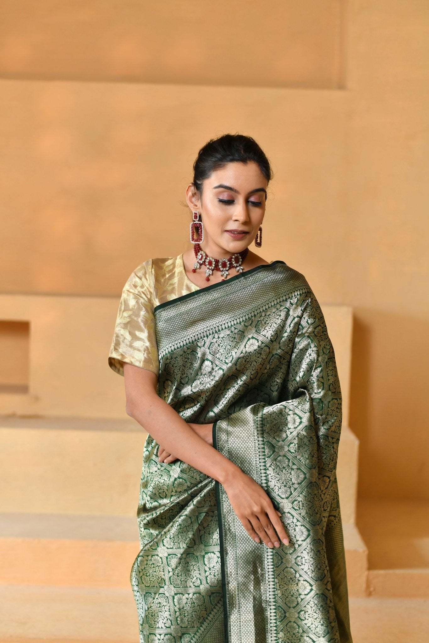 Deep Bottle Green Tissue Silk with Intricate Brocade Jaal - Banarasiya