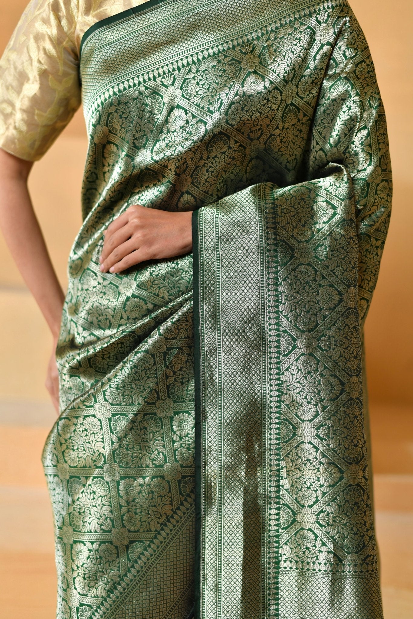 Deep Bottle Green Tissue Silk with Intricate Brocade Jaal - Banarasiya