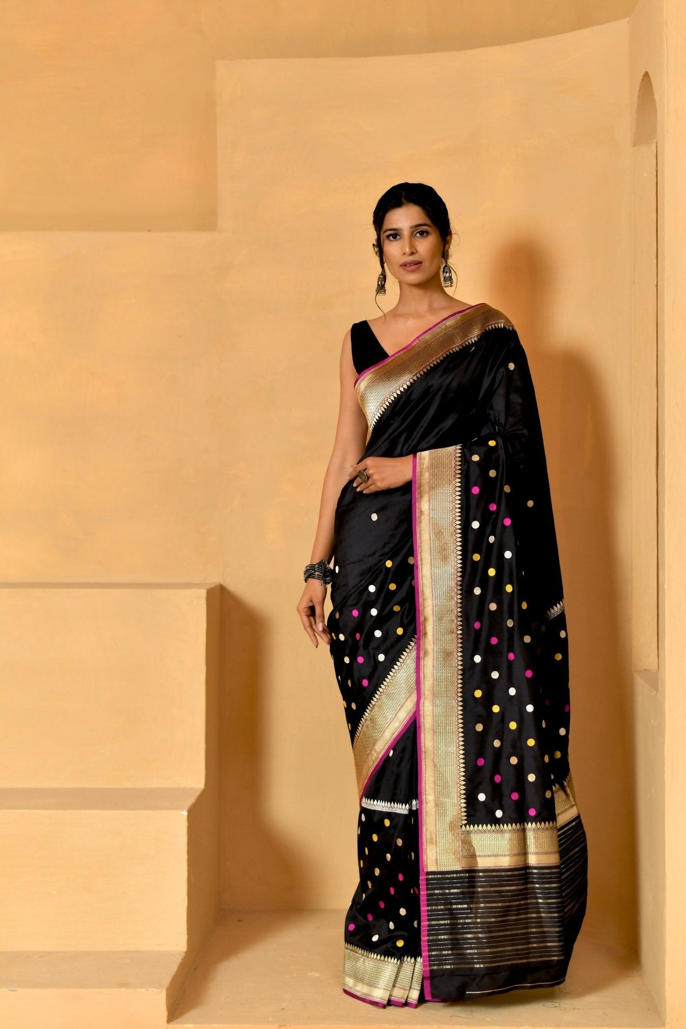 Handwoven Black Katan Silk with Dollar Motifs - Banarasiya