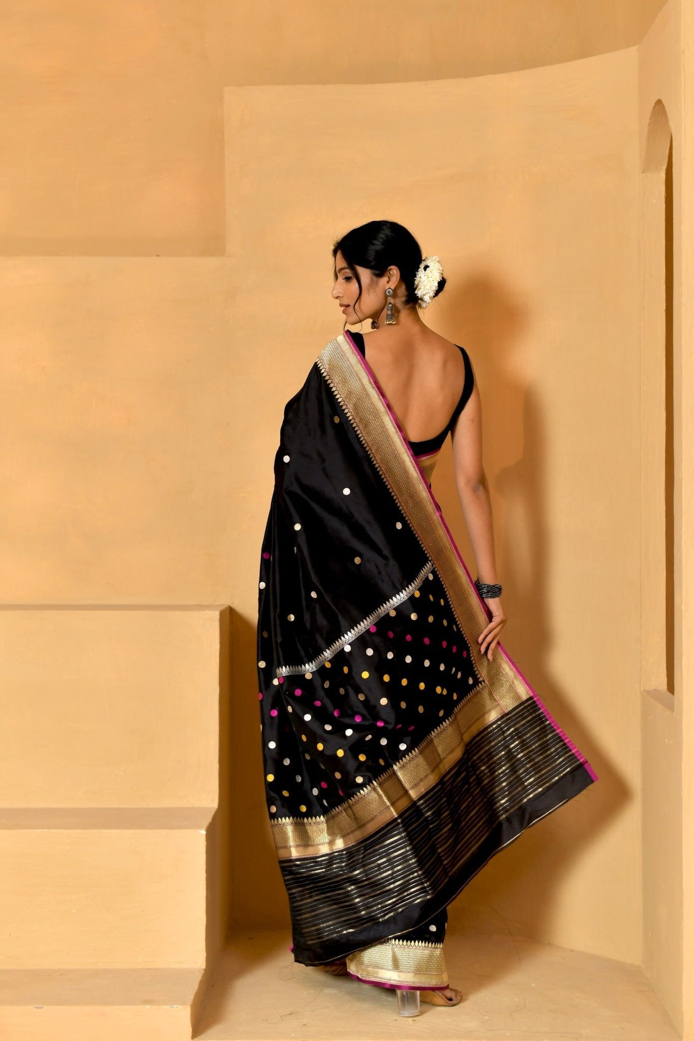 Handwoven Black Katan Silk with Dollar Motifs - Banarasiya