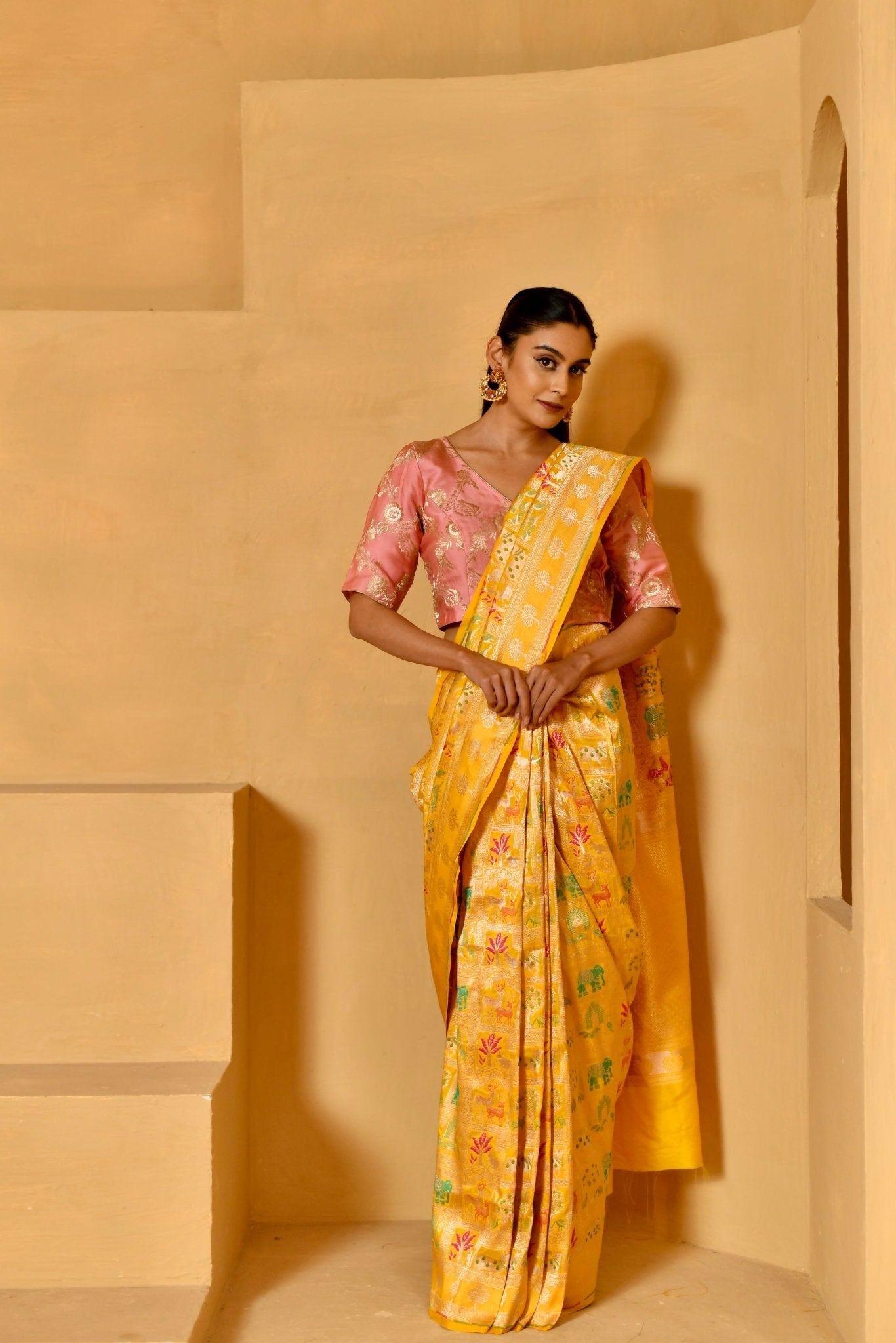 Handwoven Bright Yellow Katan Silk Saree with Shikargah Motifs - Banarasiya