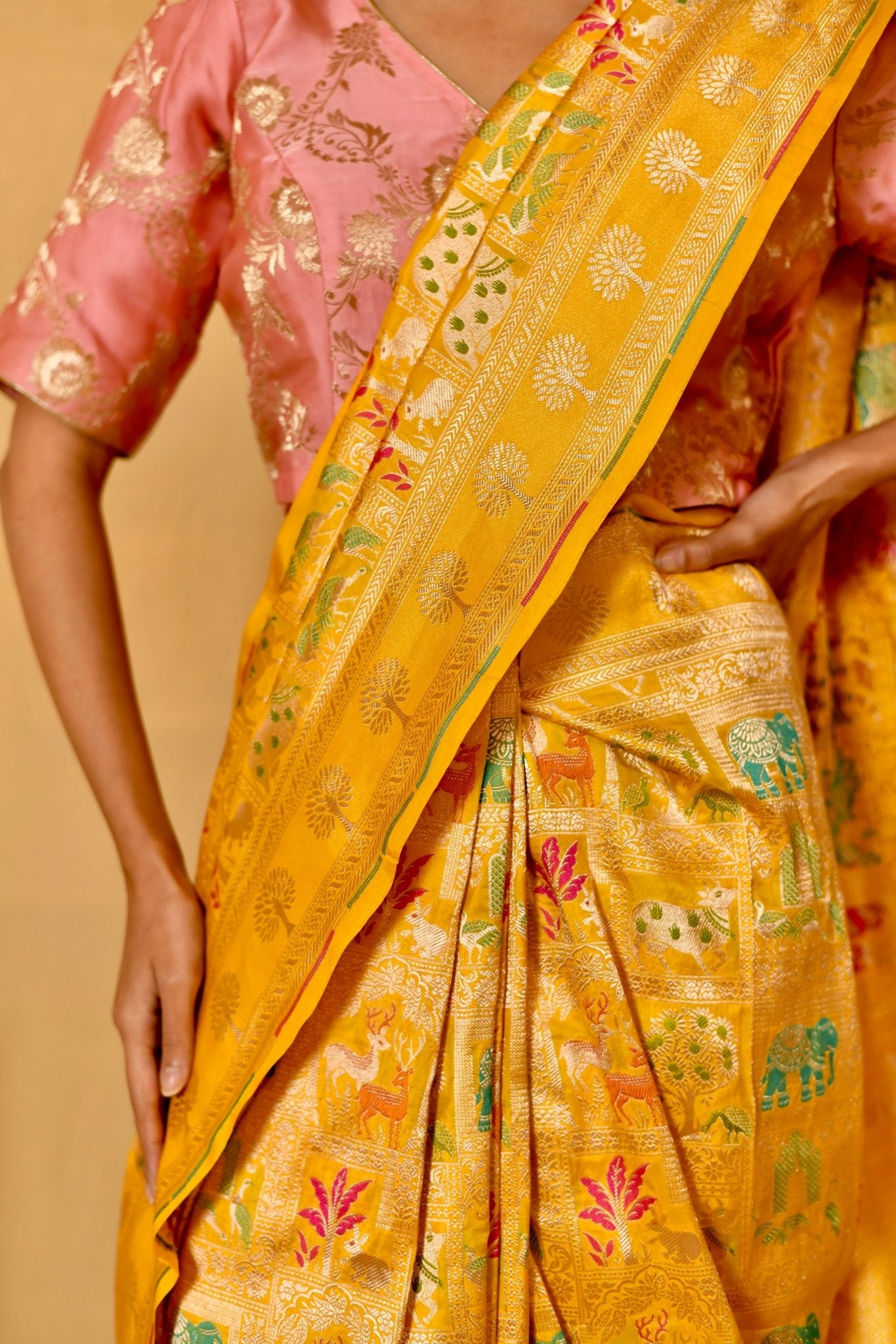 Handwoven Bright Yellow Katan Silk Saree with Shikargah Motifs - Banarasiya