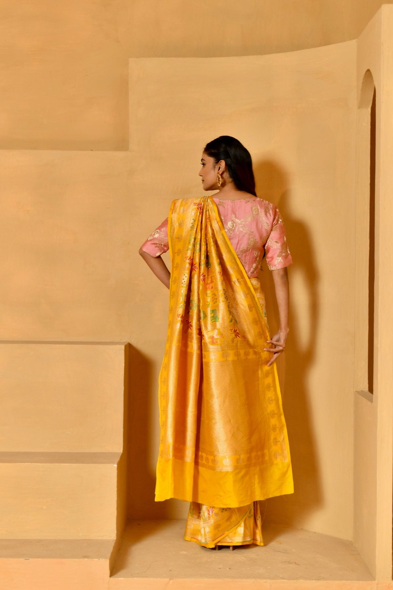 Handwoven Bright Yellow Katan Silk Saree with Shikargah Motifs - Banarasiya
