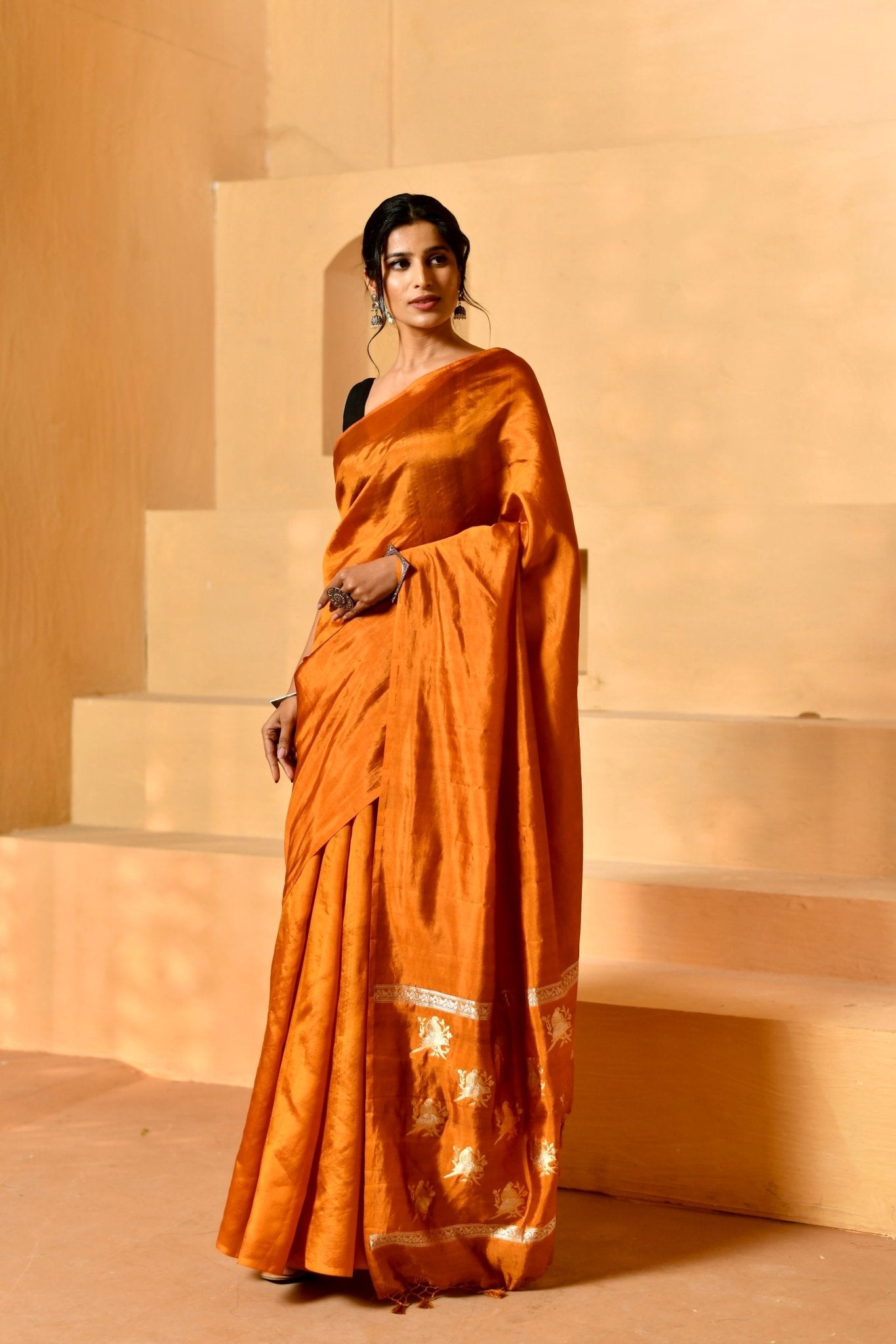 Handwoven Katan Silk in Marigold with Figure Pallu - Banarasiya