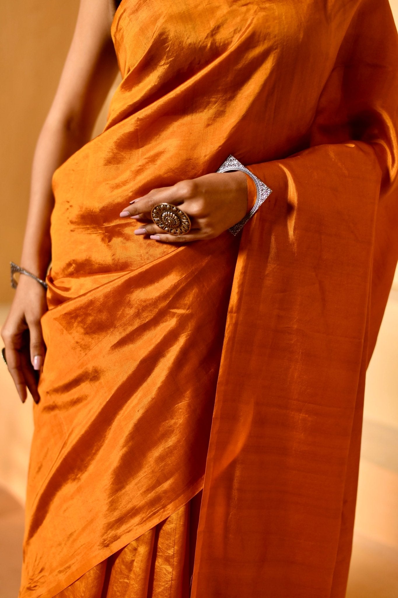 Handwoven Katan Silk in Marigold with Figure Pallu - Banarasiya