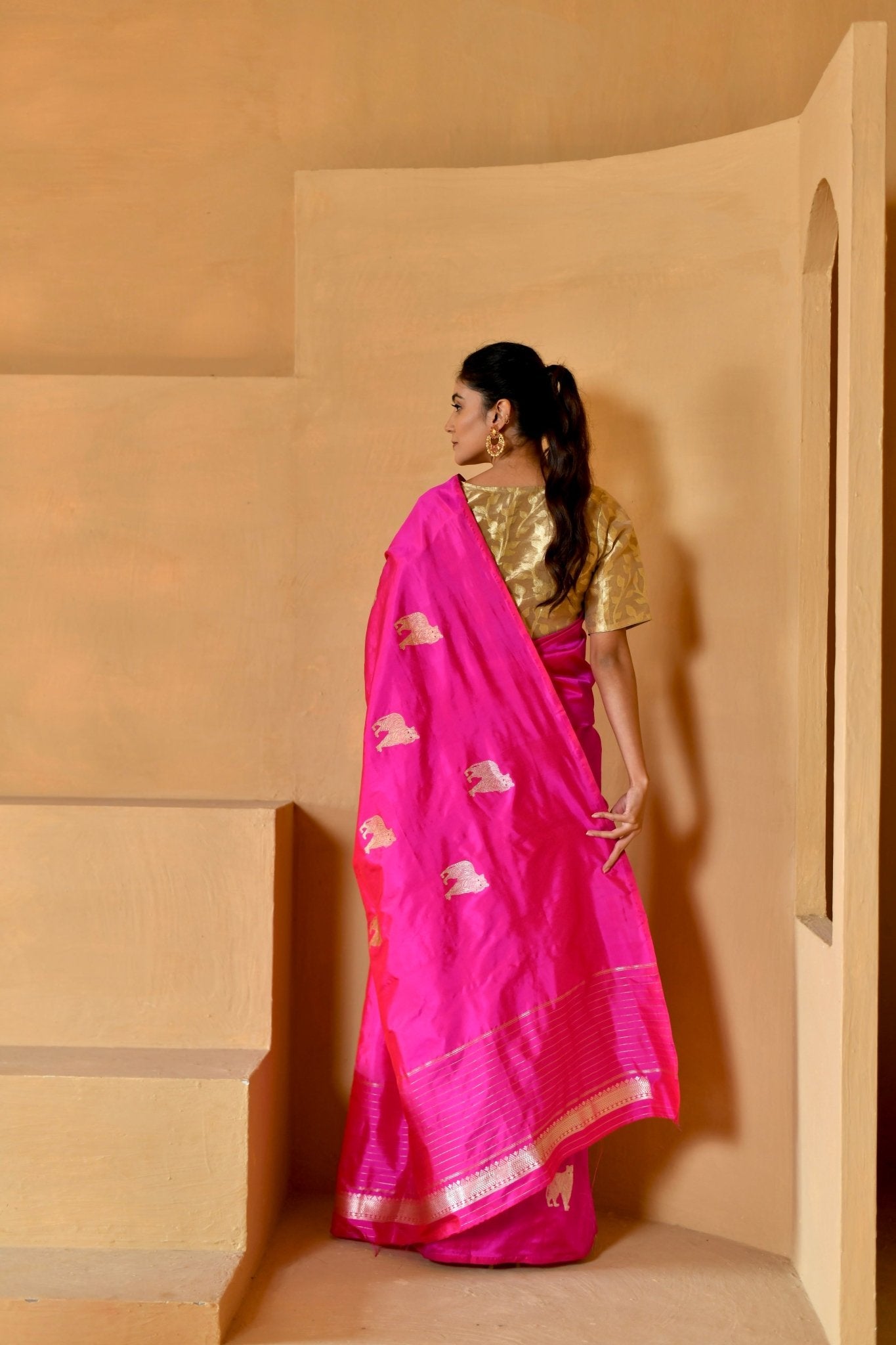 Handwoven Katan Silk in Vivid Pink with Shikargah - Banarasiya