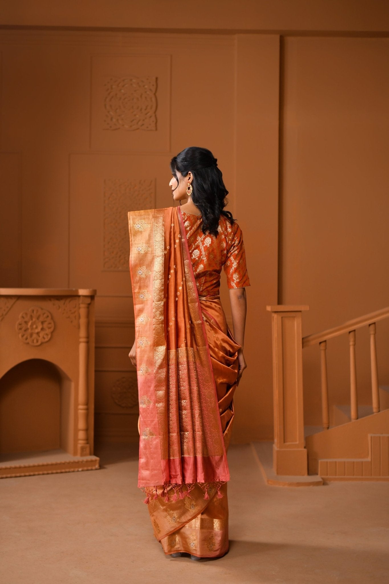 Handwoven Matka Tussar Saree in Brick Tone - Banarasiya