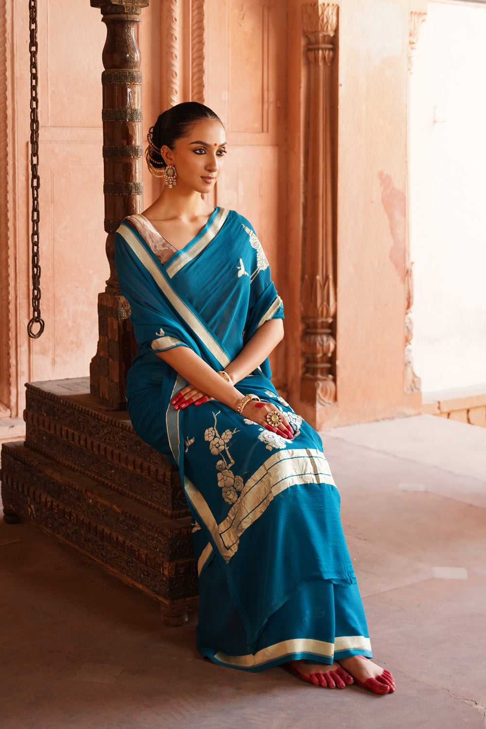 Handwoven Banarasi Chiffon Saree in Prussian Blue