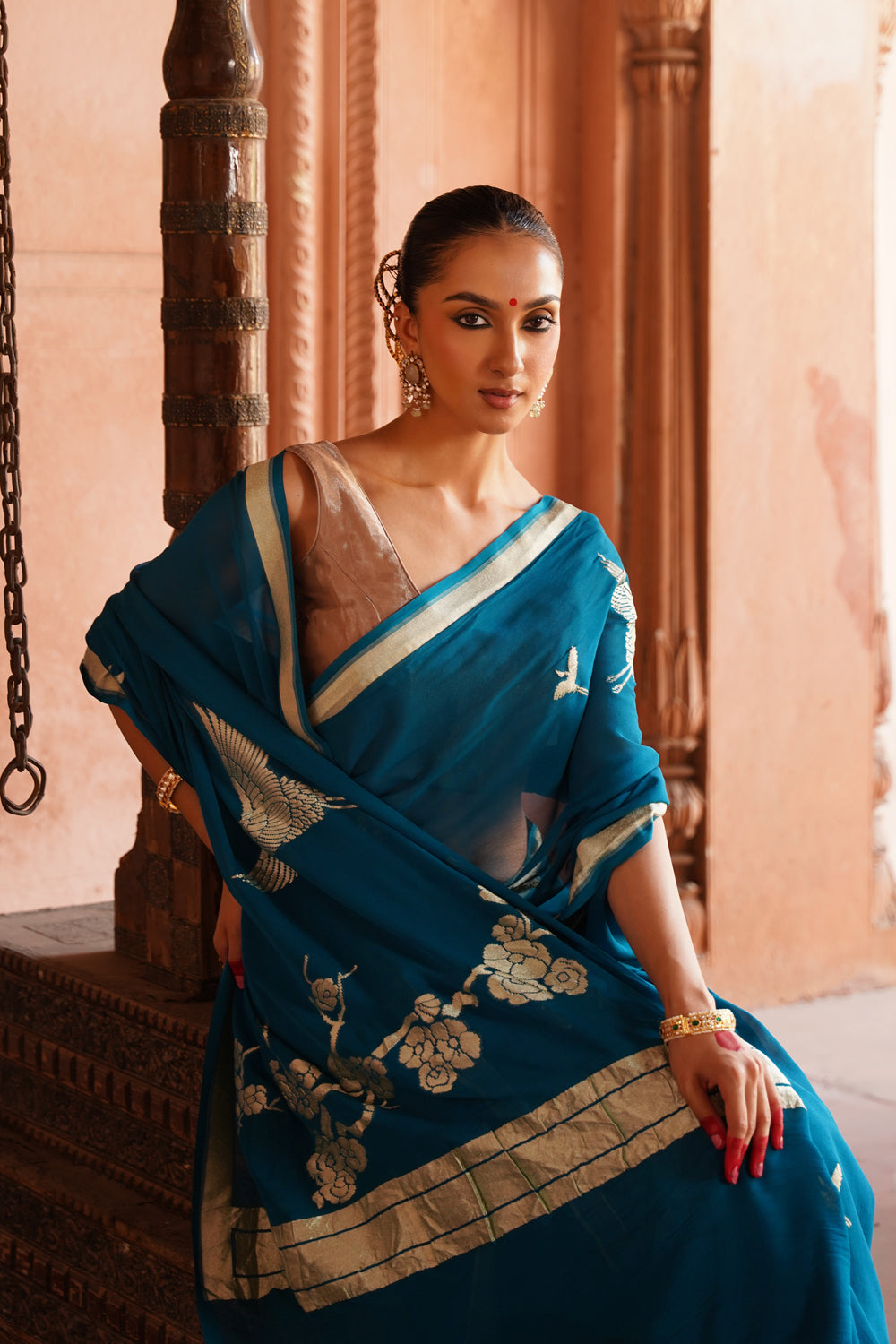 Handwoven Banarasi Chiffon Saree in Prussian Blue