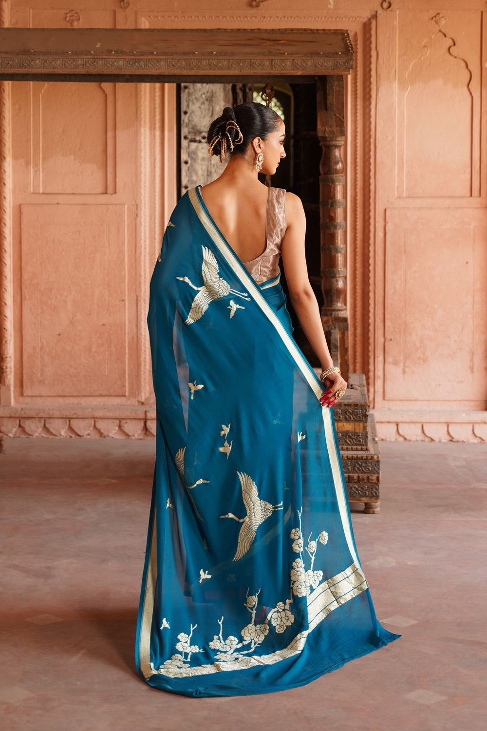 Handwoven Banarasi Chiffon Saree in Prussian Blue