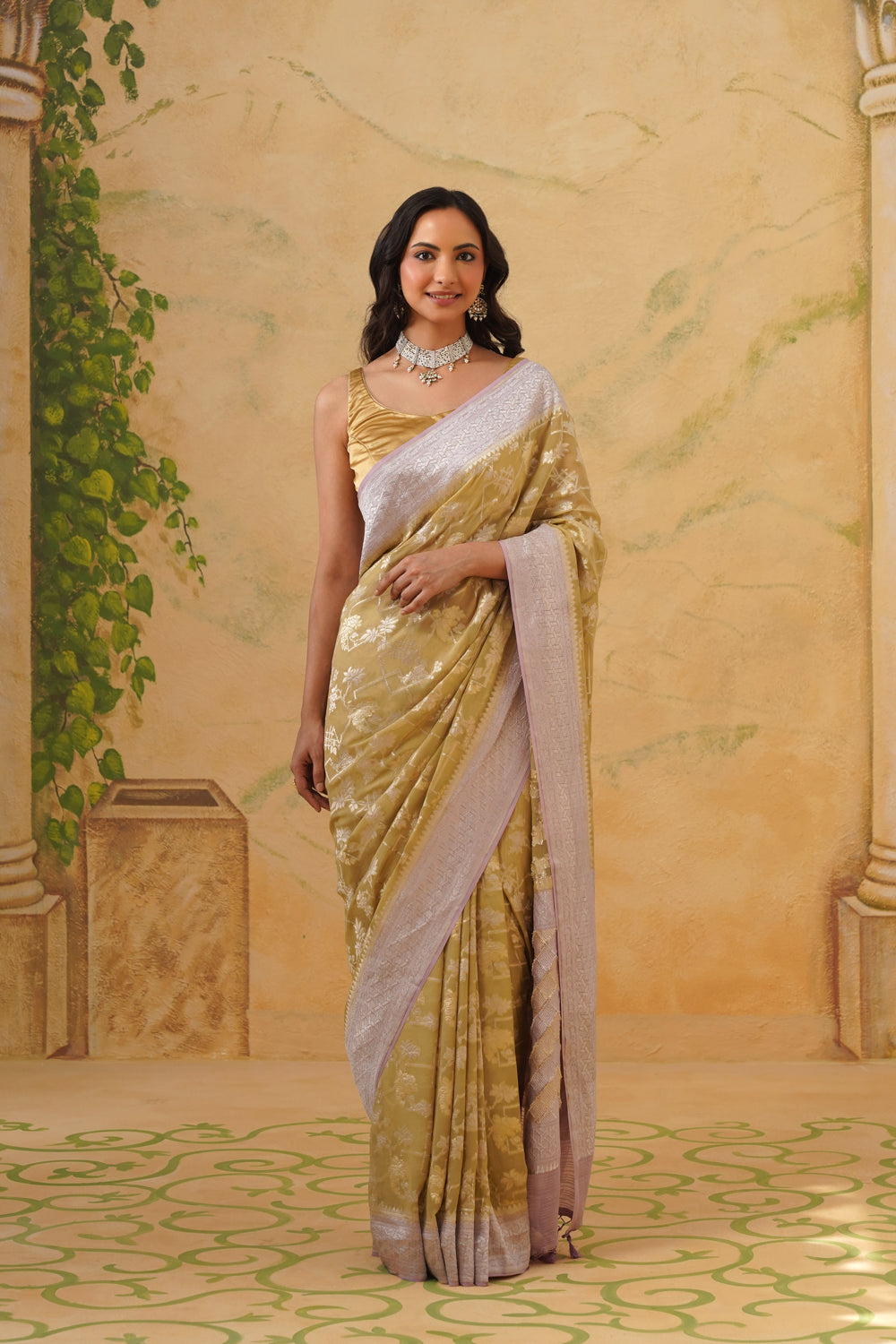 Handwoven Beige Khaddi Georgette Saree with Silver Zari