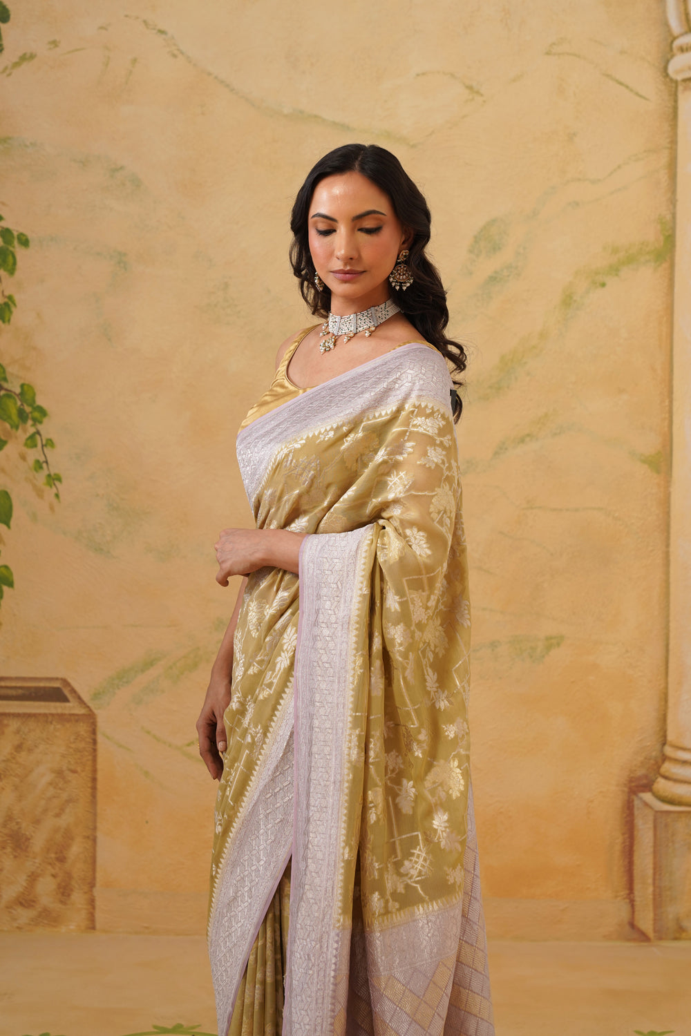 Handwoven Beige Khaddi Georgette Saree with Silver Zari