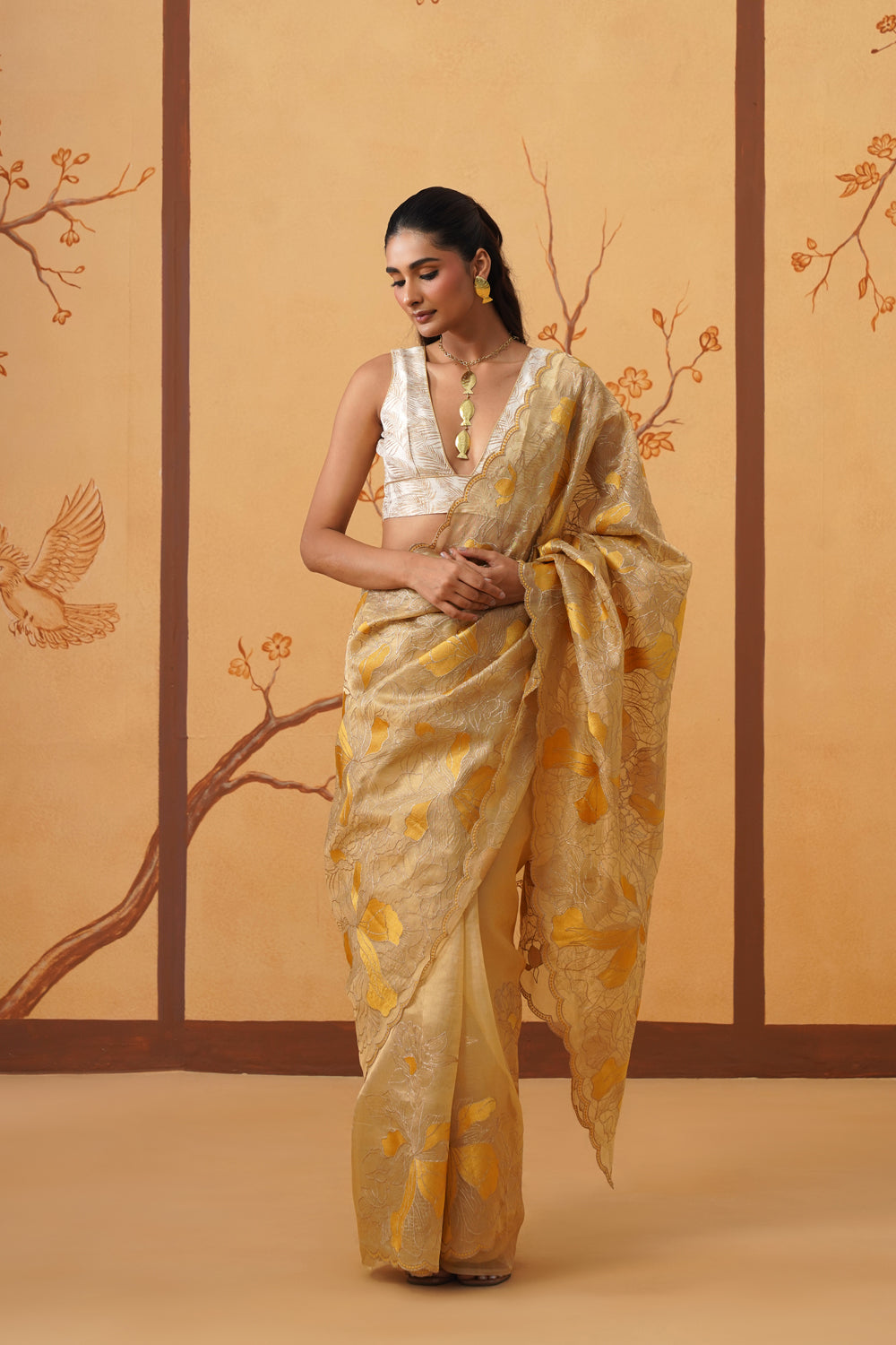 Handwoven Golden Tissue Saree with Appliqué & Embroidery