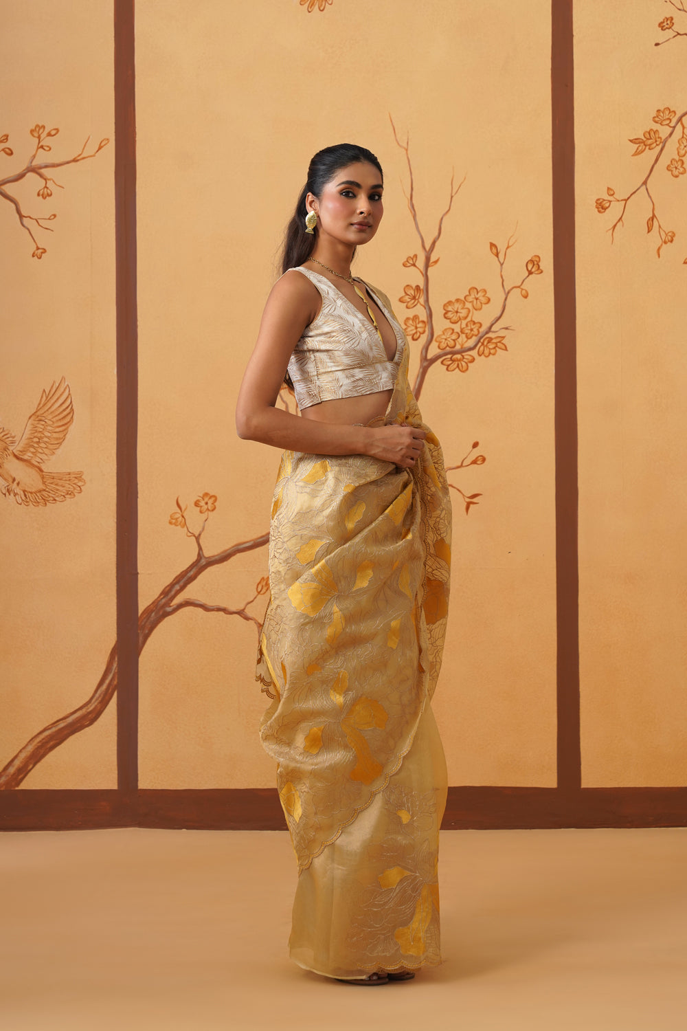 Handwoven Golden Tissue Saree with Appliqué & Embroidery