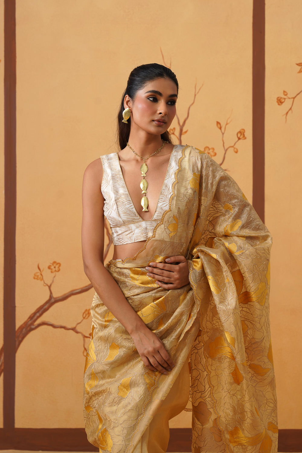 Handwoven Golden Tissue Saree with Appliqué & Embroidery