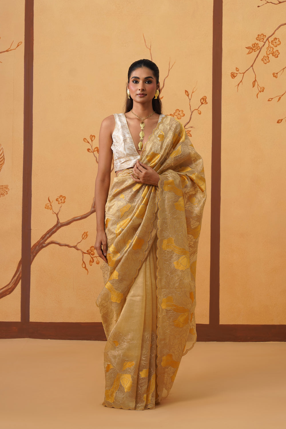 Handwoven Golden Tissue Saree with Appliqué & Embroidery