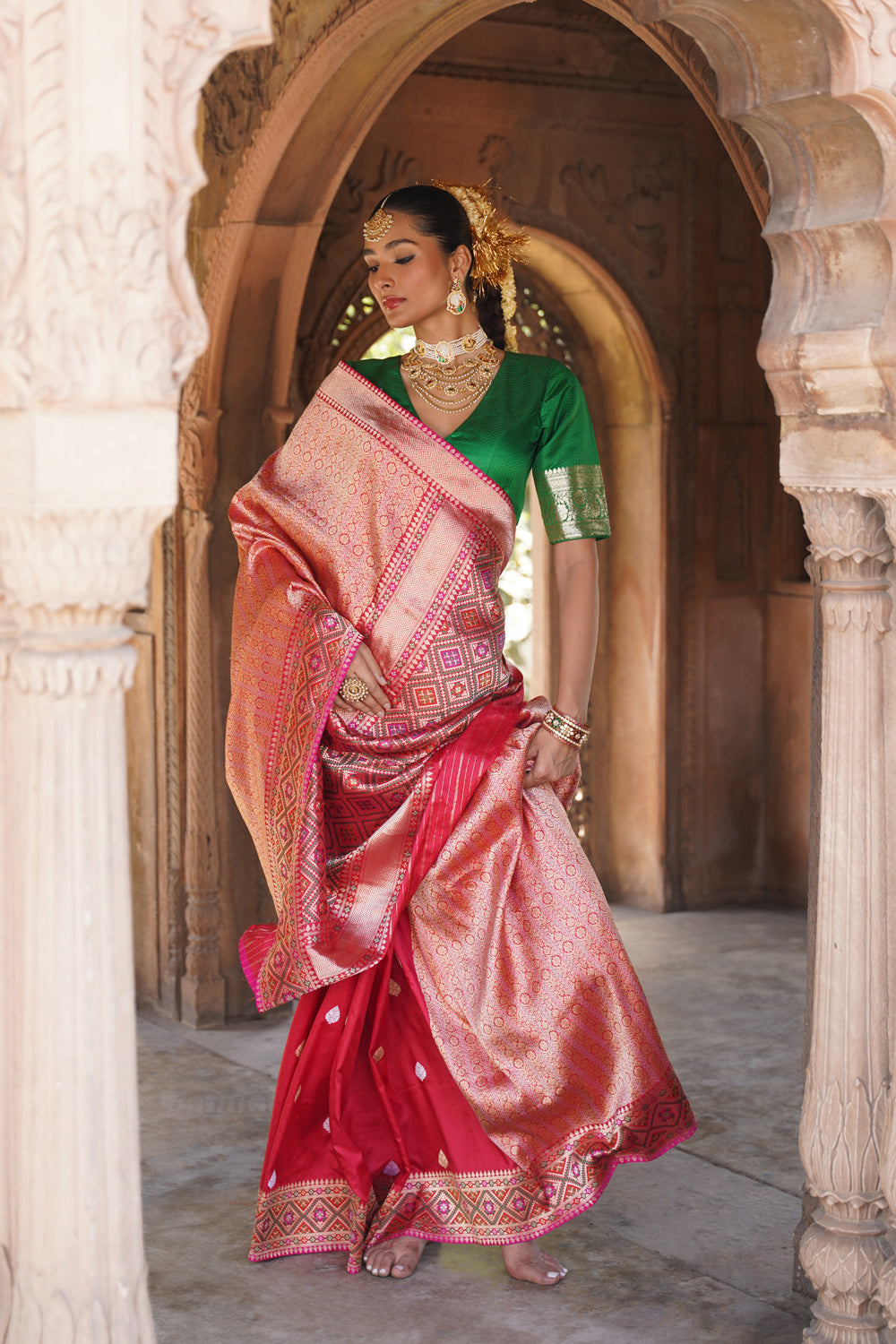Handwoven Katan Silk Half-and-Half Saree in Crimson and Rose Gold Jaal