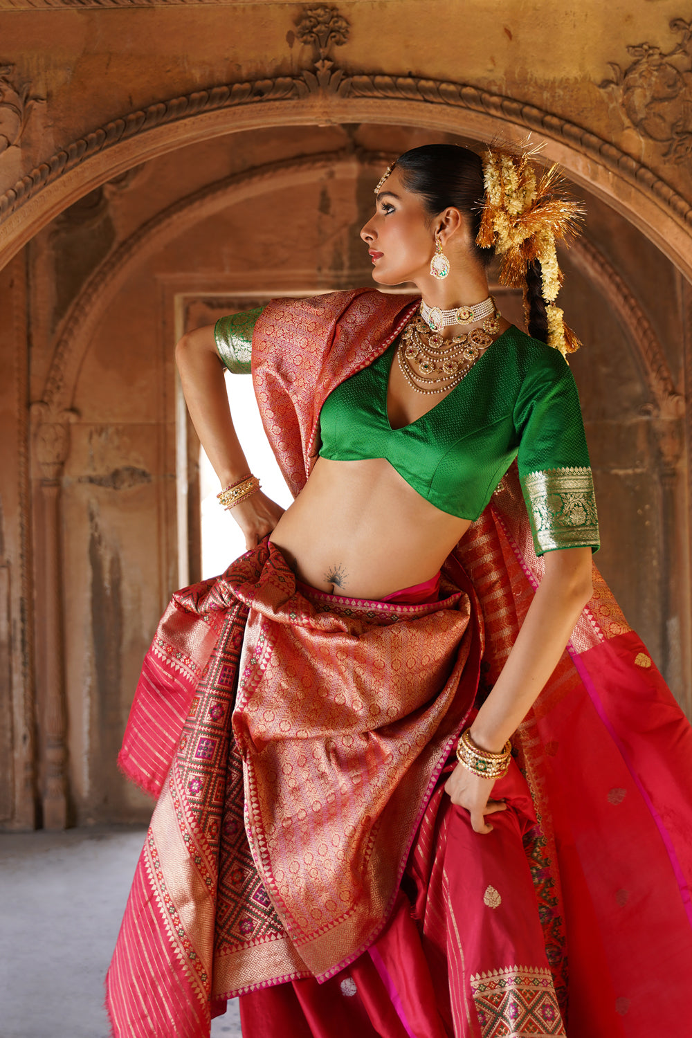 Handwoven Katan Silk Half-and-Half Saree in Crimson and Rose Gold Jaal