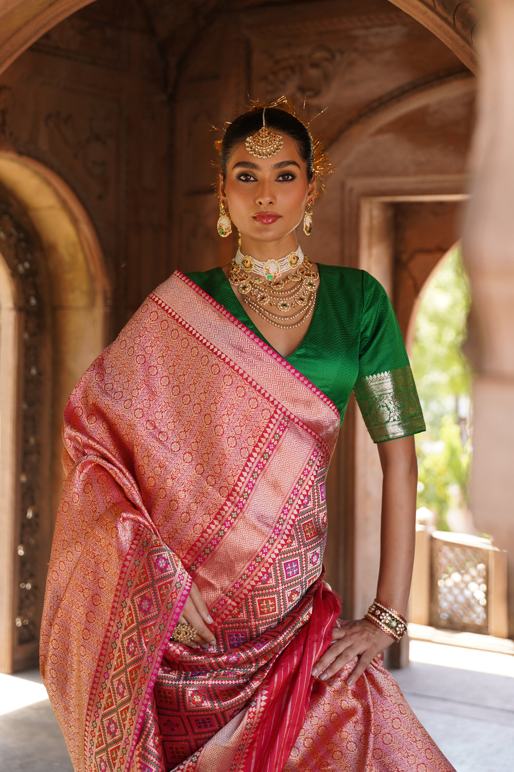 Handwoven Katan Silk Half-and-Half Saree in Crimson and Rose Gold Jaal