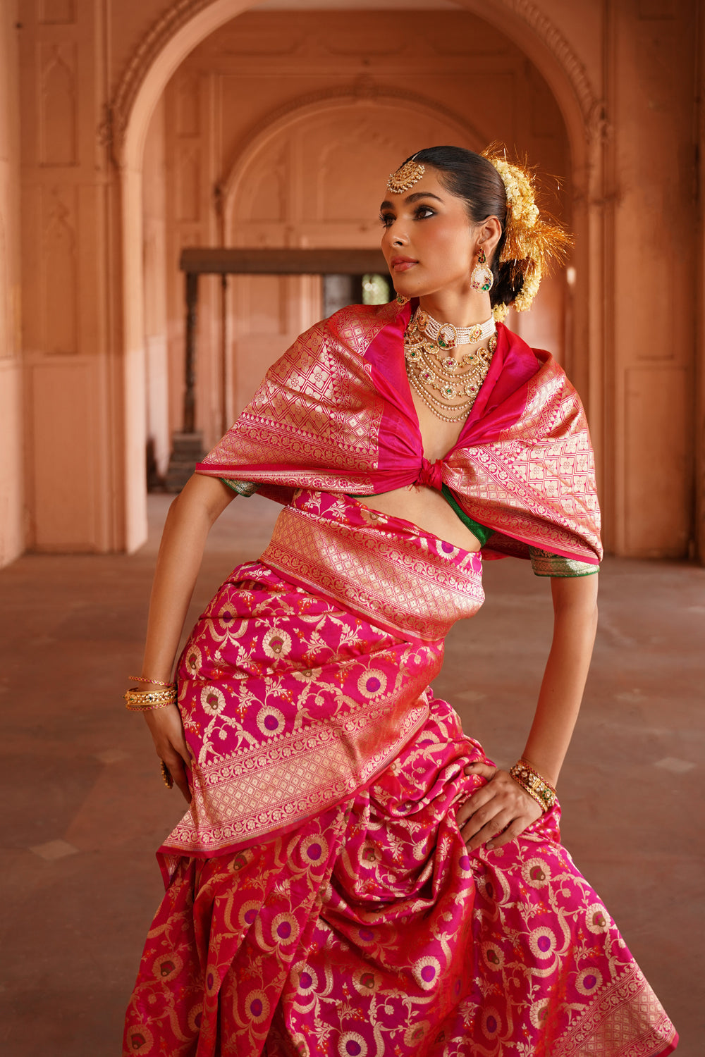 Handwoven Katan Silk Saree in Fuchsia Pink with Ornate Floral Jaal Pallu