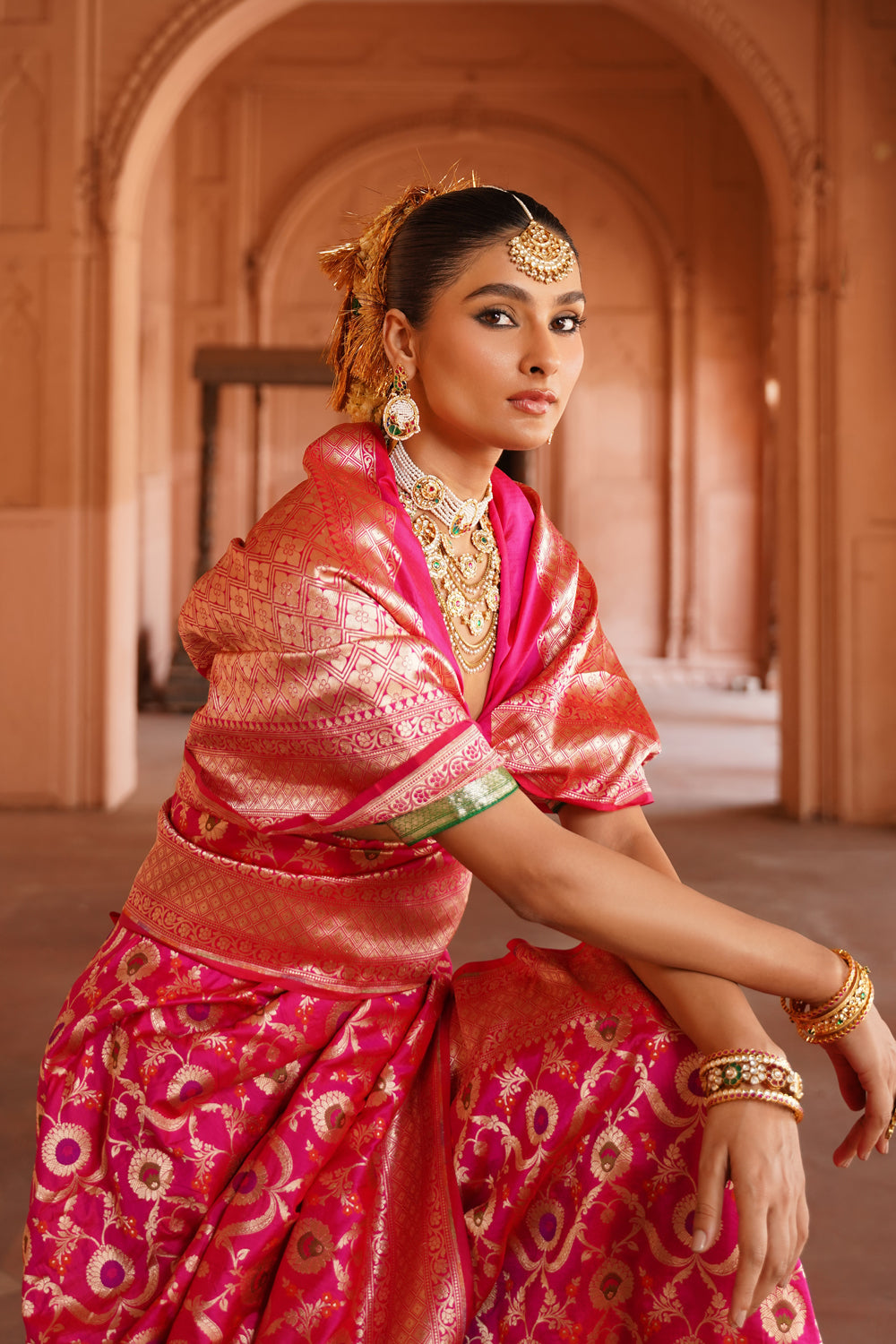 Handwoven Katan Silk Saree in Fuchsia Pink with Ornate Floral Jaal Pallu