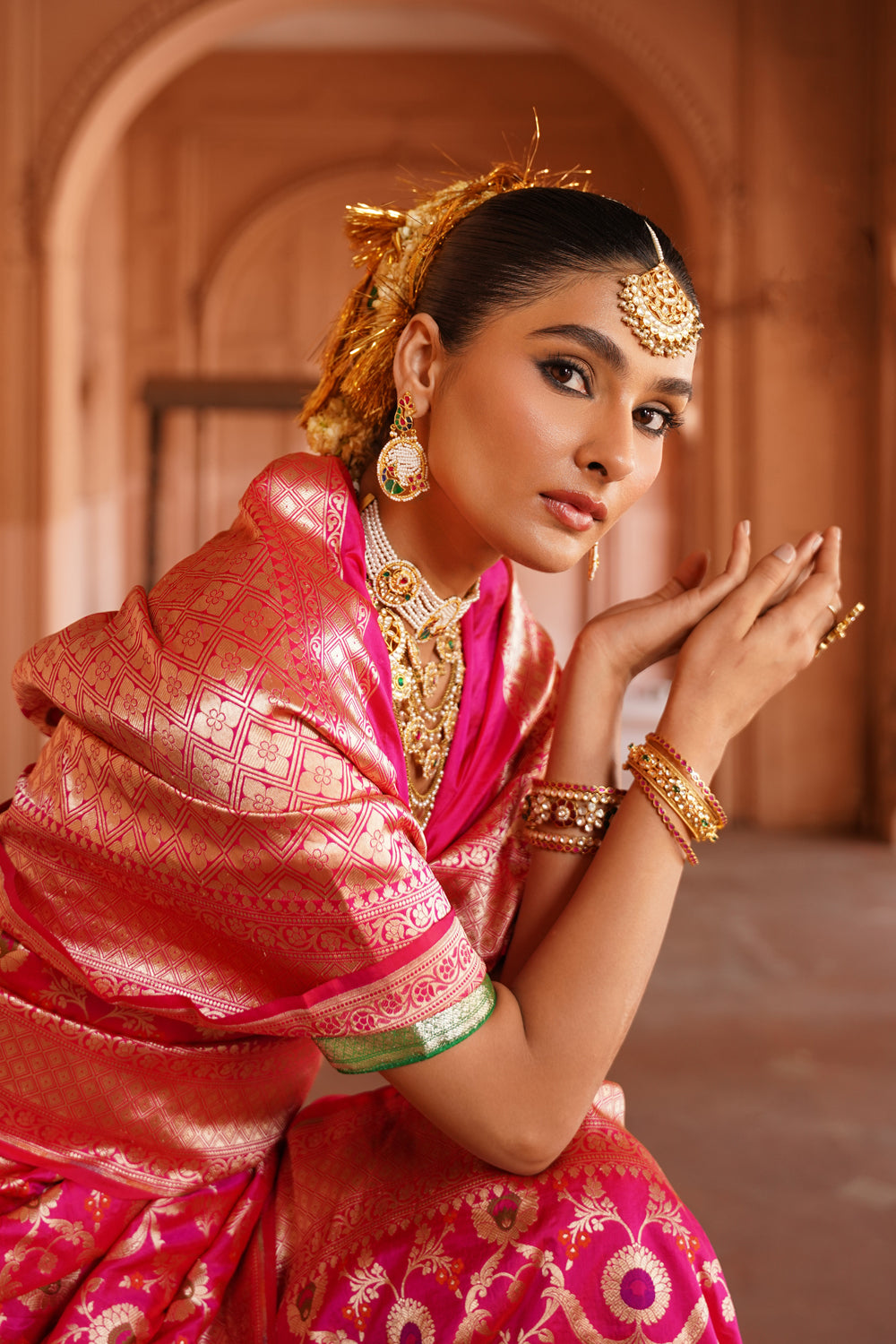 Handwoven Katan Silk Saree in Fuchsia Pink with Ornate Floral Jaal Pallu