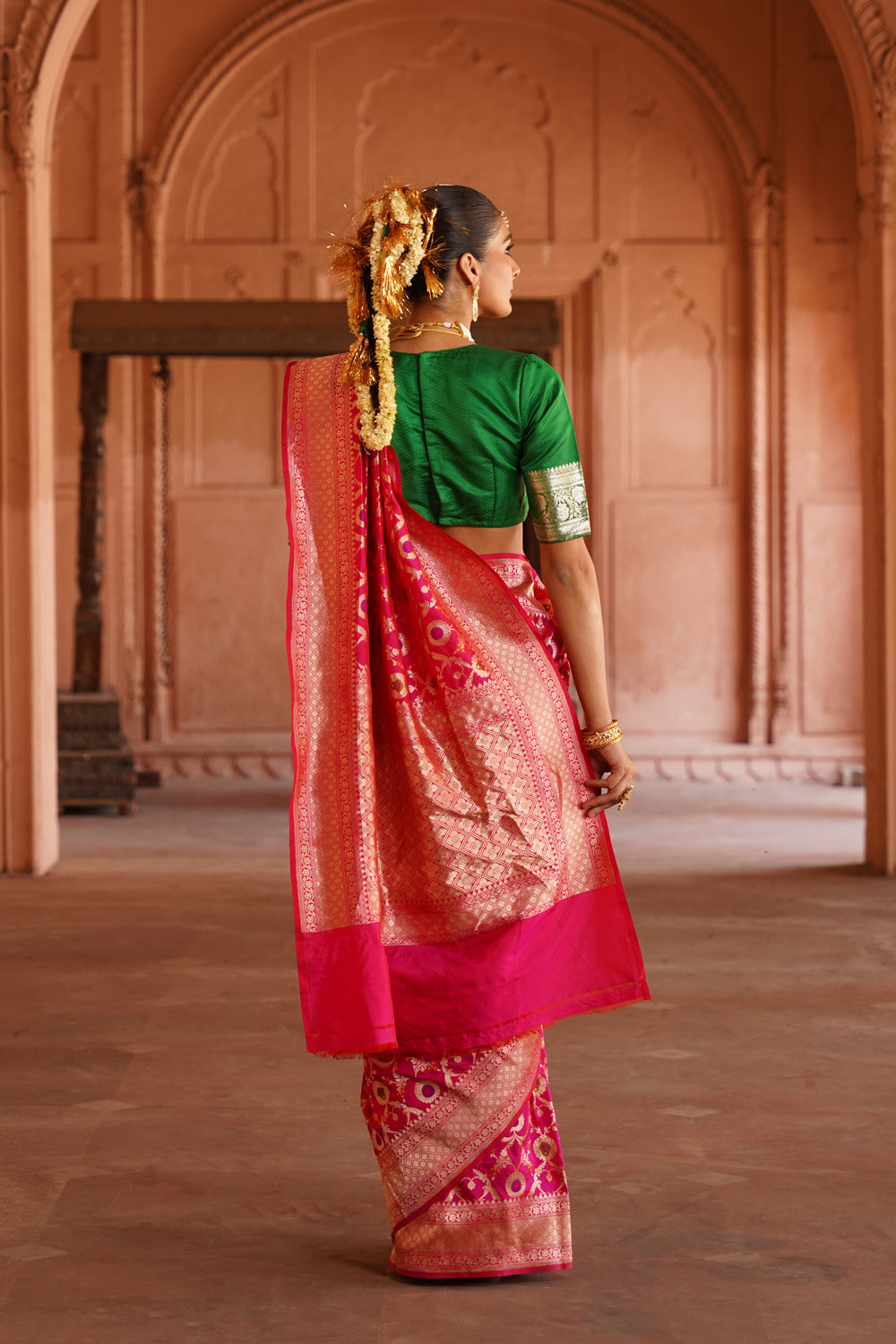 Handwoven Katan Silk Saree in Fuchsia Pink with Ornate Floral Jaal Pallu