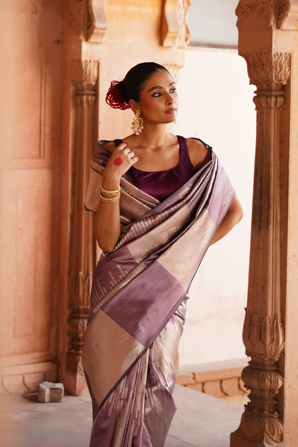 Handwoven Katan Silk Saree in Mauve and Silver Geometric Blocks