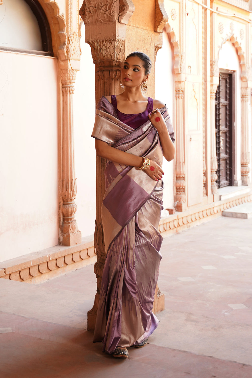 Handwoven Katan Silk Saree in Mauve and Silver Geometric Blocks