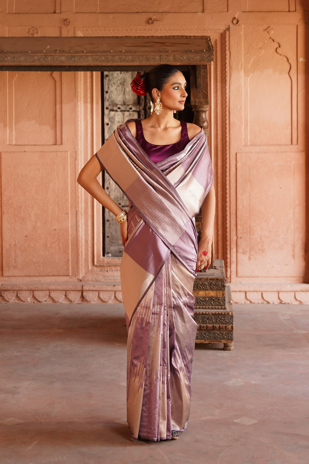 Handwoven Katan Silk Saree in Mauve and Silver Geometric Blocks