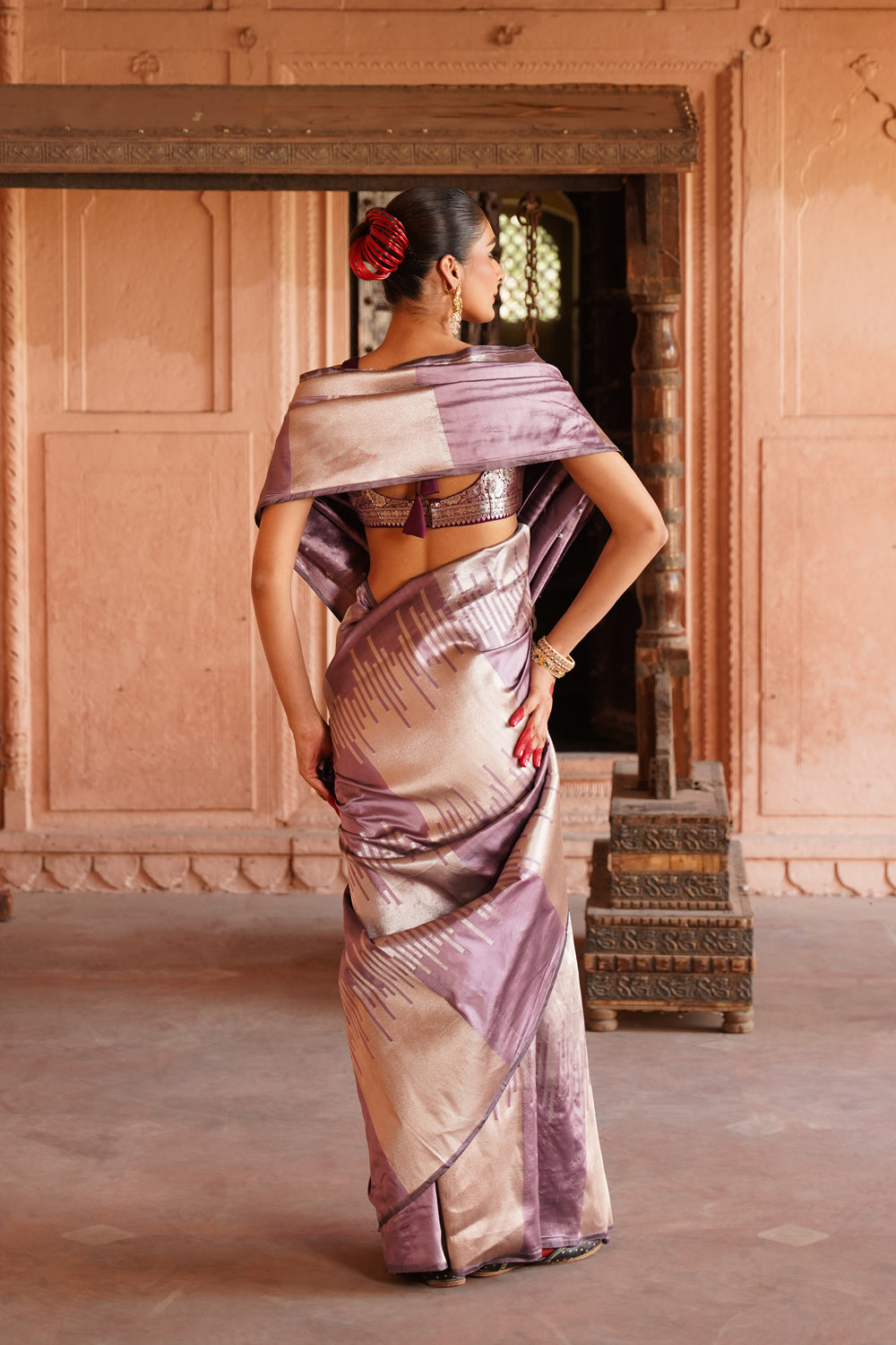 Handwoven Katan Silk Saree in Mauve and Silver Geometric Blocks