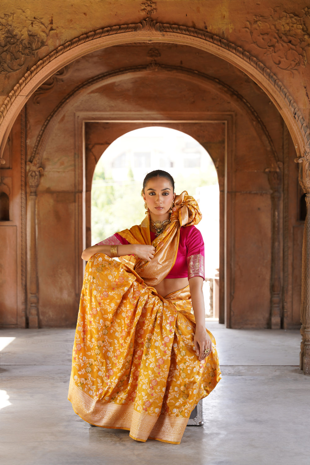 Handwoven Katan Silk Saree in Mustard Gold with All-Over Meenakari Jaal