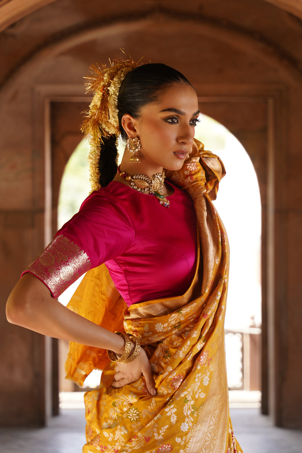 Handwoven Katan Silk Saree in Mustard Gold with All-Over Meenakari Jaal