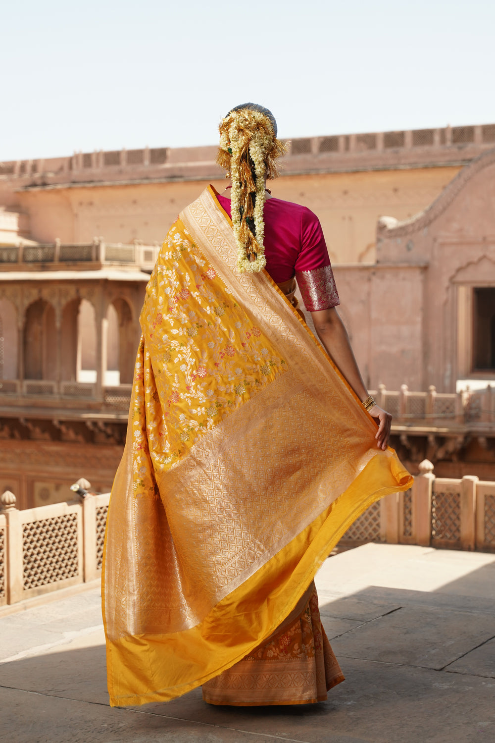 Handwoven Katan Silk Saree in Mustard Gold with All-Over Meenakari Jaal