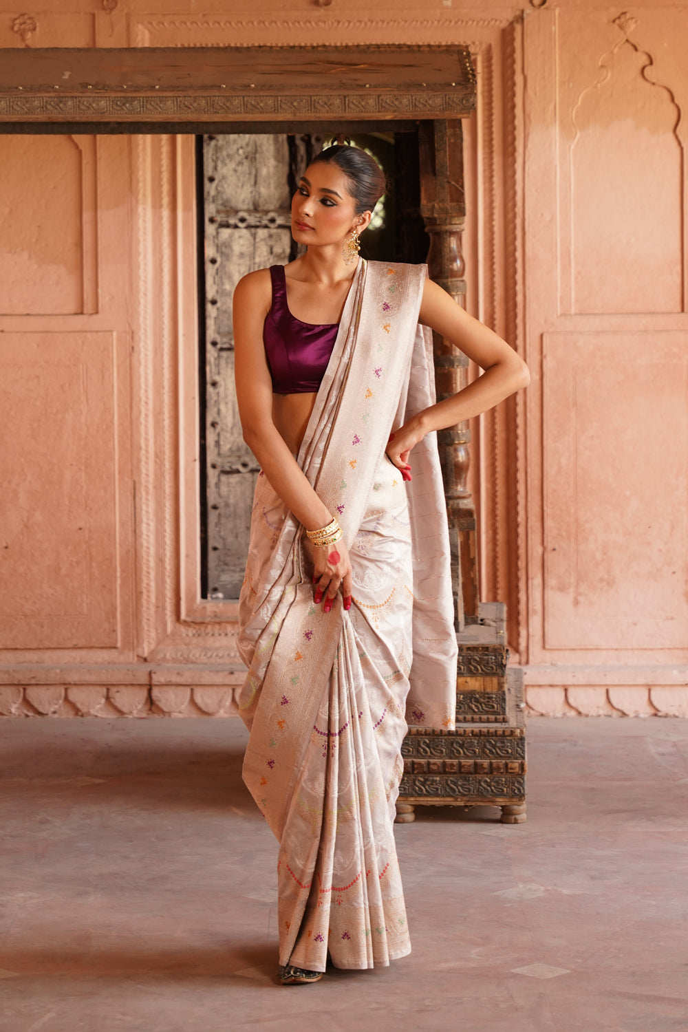 Handwoven Katan Silk Saree in Off-White Silver with All-Over Meenakari