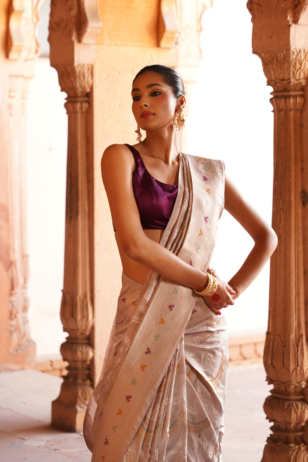 Handwoven Katan Silk Saree in Off-White Silver with All-Over Meenakari