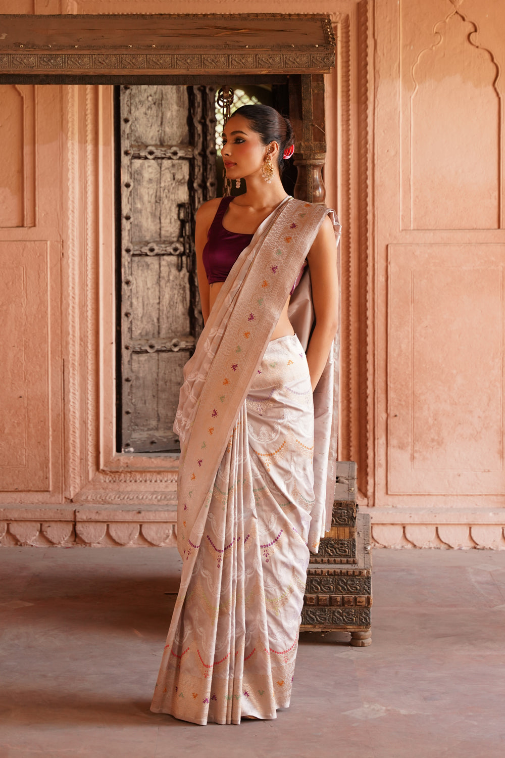Handwoven Katan Silk Saree in Off-White Silver with All-Over Meenakari